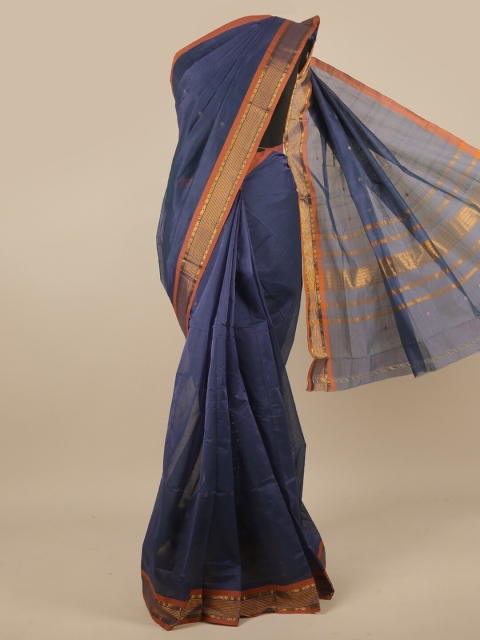 

Pothys Navy Blue & Orange Ethnic Motifs Zari Pure Cotton Saree