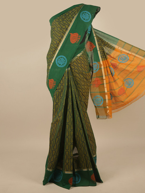 

Pothys Green & Orange Printed Zari Pure Cotton Saree