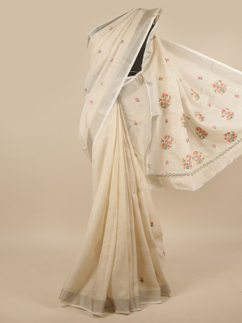 

Pothys Cream-Coloured & Pink Ethnic Motifs Embroidered Pure Cotton Saree