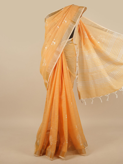 

Pothys Orange & White Ethnic Motifs Embroidered Zari Pure Cotton Saree
