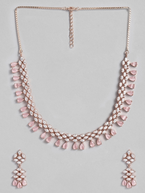 

I Jewels Rhodium Plated CZ AD Studded Jewellery Set, Pink
