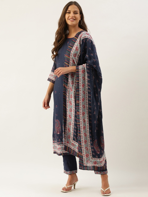

cbazaar Women Navy Blue Printed Sequinned Kurta with Trousers & Dupatta