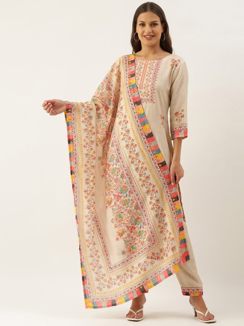

cbazaar Women Cream-Coloured Ethnic Motifs Printed Sequinned Kurta with Trousers & Dupatta