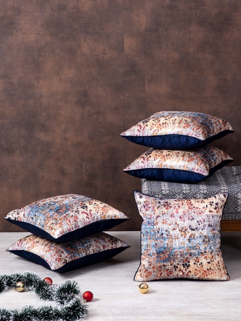 

nestroots Grey & Brown Set of 5 Floral Silk Square Cushion Covers