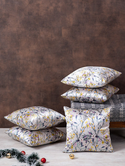 

nestroots Grey Set Of 5 Floral Printed Satin Square Shape Cushion Cover