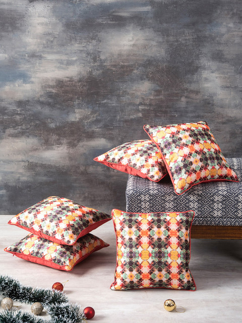 

nestroots Set of 5 Red & Green Abstract Square Cushion Covers