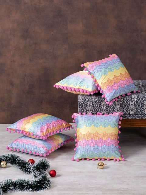 

nestroots Set of 5 Yellow & Pink Geometric Satin Square Cushion Covers