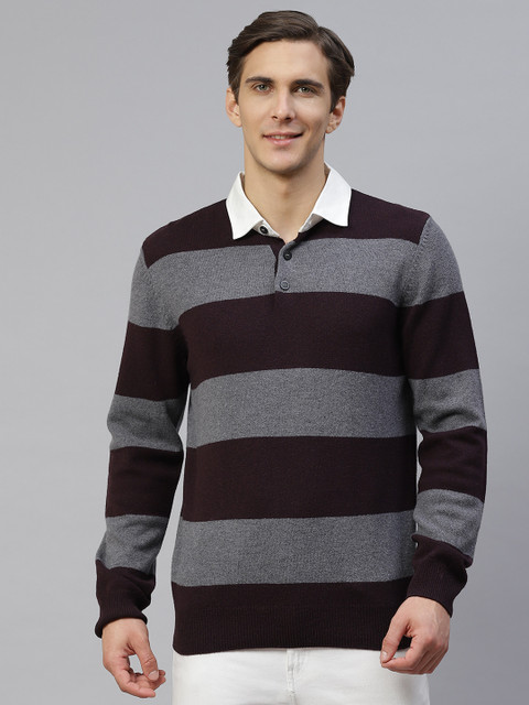 

Marks & Spencer Men Burgundy & Grey Striped Polo Collar Sweater