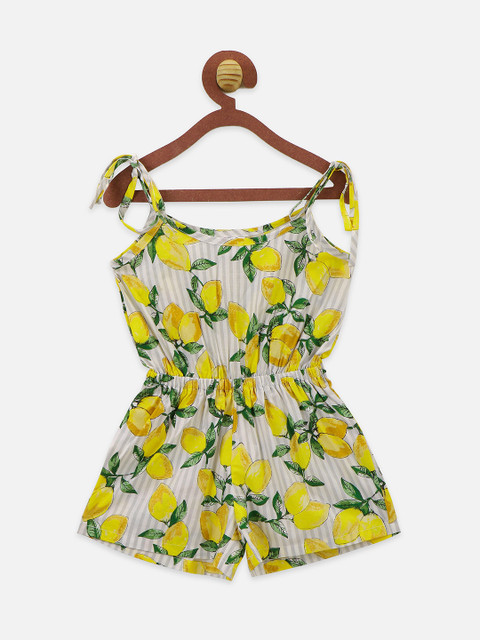 

LilPicks Girls Off White & Yellow Floral Printed Jumpsuit