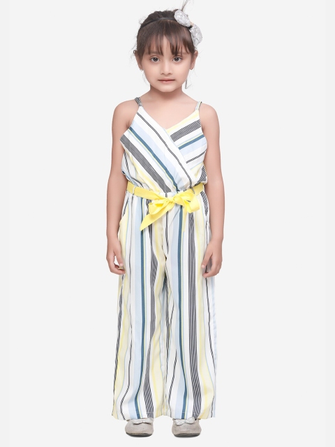 

LilPicks Girls Off-White & Grey Striped Basic Jumpsuit