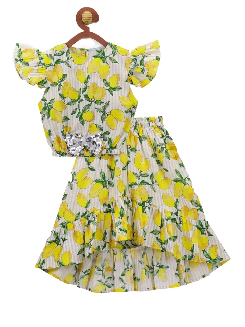 

LilPicks Girls Yellow & Green Floral Printed Pure Cotton Top with Skirt