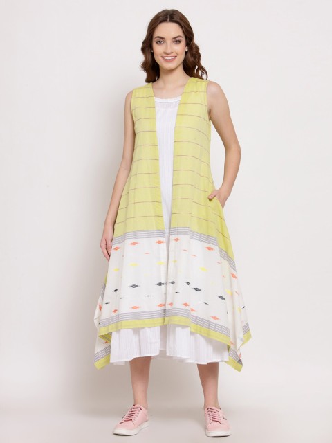 

TERQUOIS Woman Lime Green Floral Three Layered A-Line Midi Dress