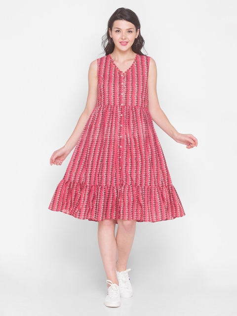 

TERQUOIS Pink Floral Printed Striped A-Line Dress