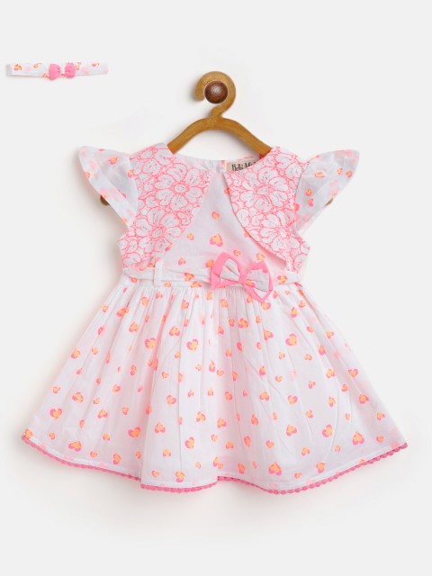 

Bella Moda White & Pink Pure Cotton Printed A-Line Dress with Briefs & Belt
