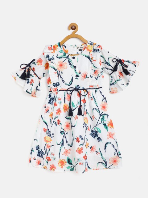 

Bella Moda White & Peach-Coloured Pure Cotton Floral Print A-Line Dress