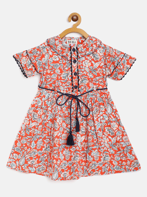 

Bella Moda Orange & Off White Ethnic Printed Cotton A-Line Dress Comes With A Belt