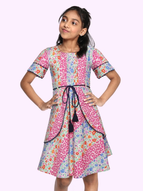 

Bella Moda Off White & Pink Floral Printed Cotton A-Line Dress Comes With A Belt