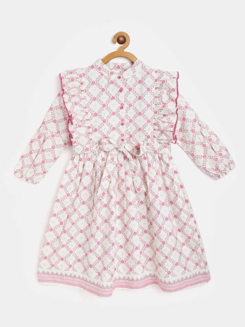

Bella Moda White & Pink Pure Cotton Floral Print A-Line Dress