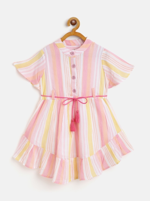 

Bella Moda Pink & Off White Pure Cotton Striped A-Line Dress