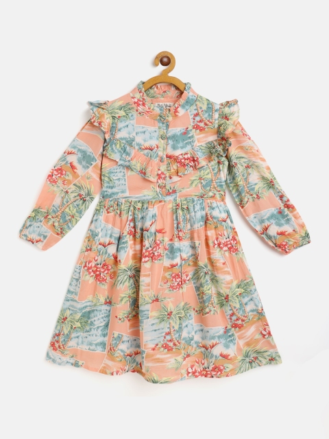 

Bella Moda Peach-Coloured & Blue Pure Cotton Floral Print A-Line Dress