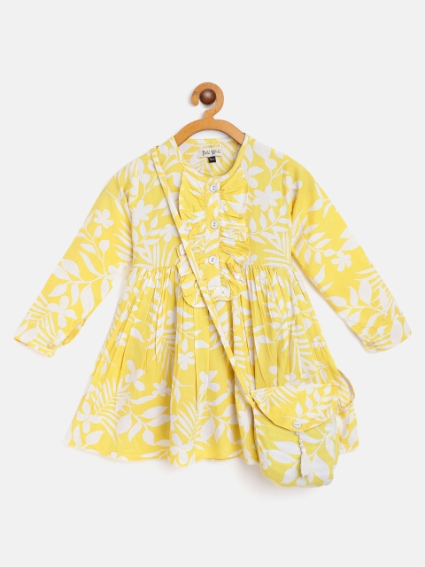 

Bella Moda Yellow & White Floral Printed Cotton A-Line Dress Comes With A Sling Bag