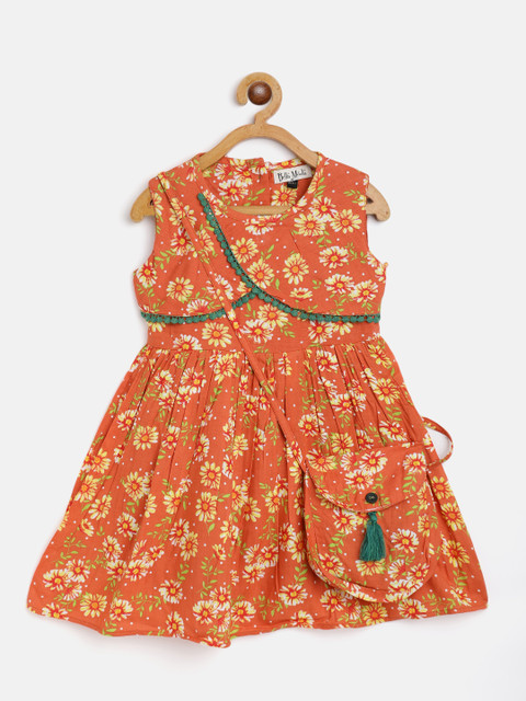 

Bella Moda Orange Pure Cotton Floral Print A-Line Dress with Sling Bag