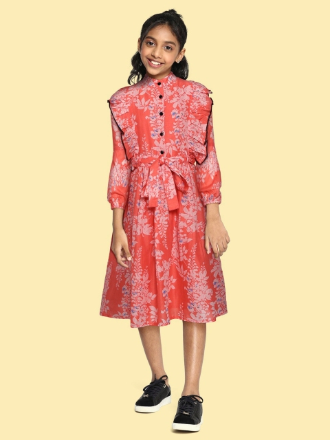 

Bella Moda Coral Red & Off White Floral Printed Cotton A-Line Dress Comes With A Belt