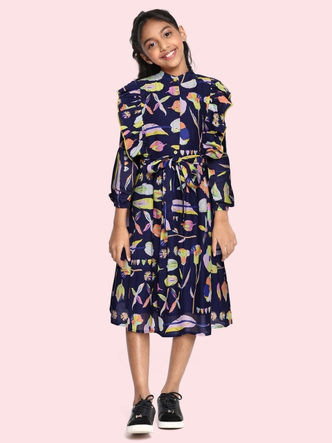 

Bella Moda Navy Blue & Green Floral Printed Cotton A-Line Dress With A Belt