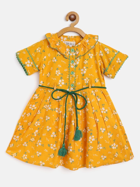 

Bella Moda Mustard Yellow & White Floral Printed Cotton A-Line Dress Comes With A Belt