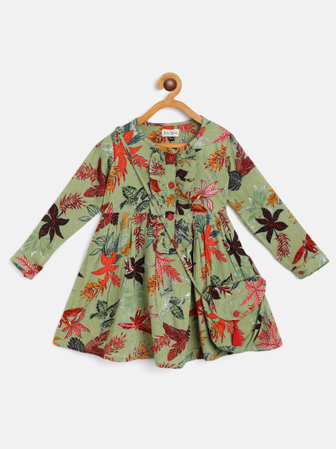 

Bella Moda Green & Red Pure Cotton Floral Print A-Line Dress with Sling Bag