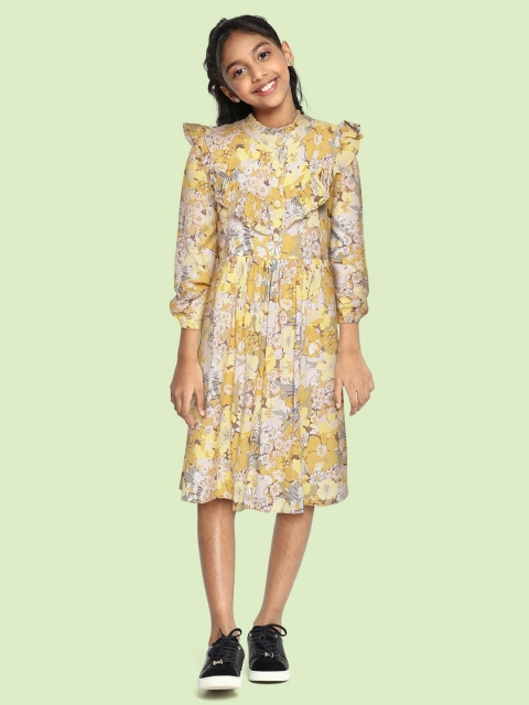 

Bella Moda Mustard Yellow & White Floral Printed Cotton A-Line Dress