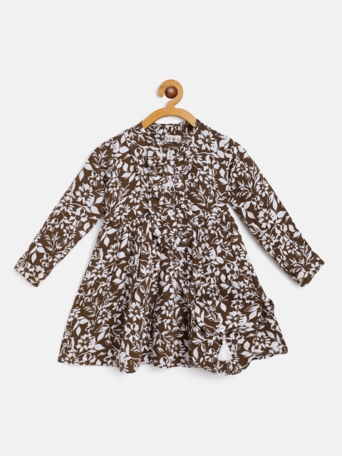 

Bella Moda Brown & White Pure Cotton Floral Print A-Line Dress with Sling Bag