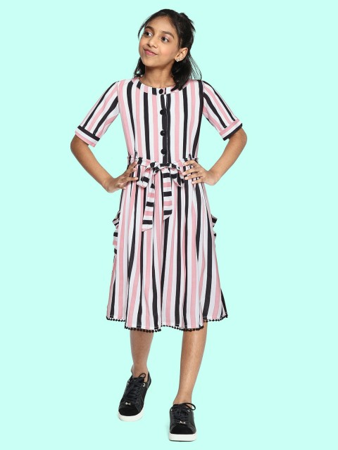 

Bella Moda Pink & Black Striped Pure Cotton A-Line Dress Comes With A Belt