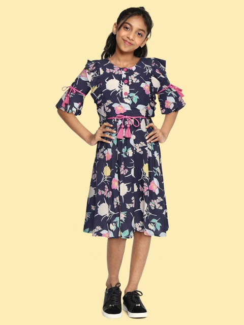

Bella Moda Navy Blue & White Floral Printed Cotton A-Line Dress