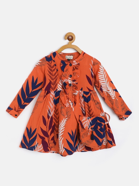 

Bella Moda Orange & Blue Pure Cotton Floral Print A-Line Dress with Sling Bag