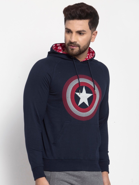 

SPORTO Men Navy Blue & Red Captain America Shield Print Hooded Sweatshirt