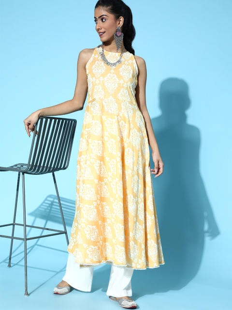 

AHIKA Bright Yellow Cotton Ethnic Motifs Kurta