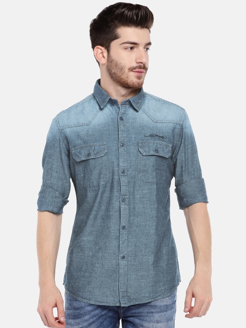 

Ed Hardy Men Blue Solid Casual Denim Shirt