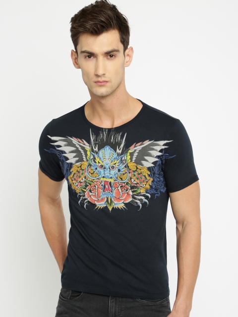 

Ed Hardy Men Navy Blue Printed Round Neck T-shirt