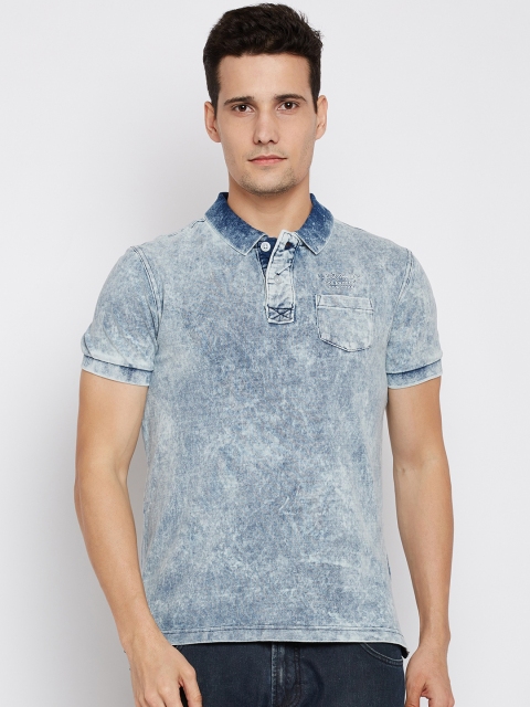 

Ed Hardy Men Blue Polo Collar Pure Cotton T-shirt with Washed Effect
