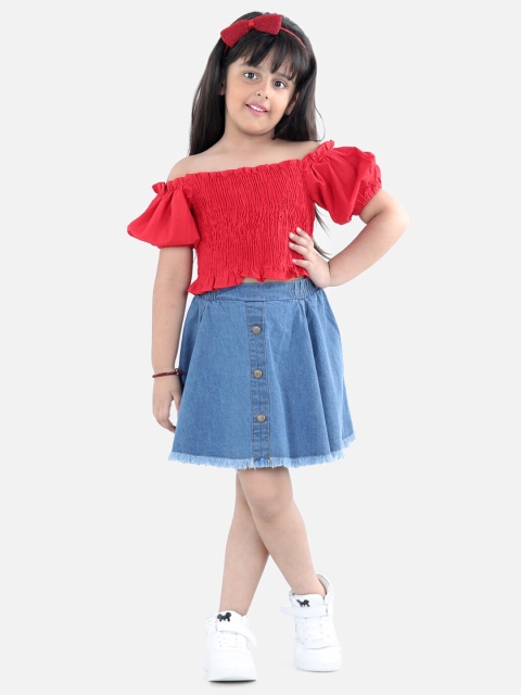 

AWW HUNNIE Girls Red Off-Shoulder Flared Denim Skirt
