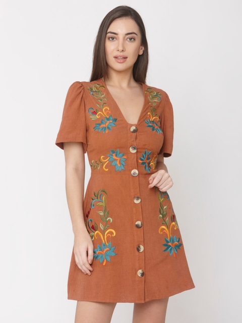 

aaliya Rust Floral Embroiderd V-neck A-line Dress