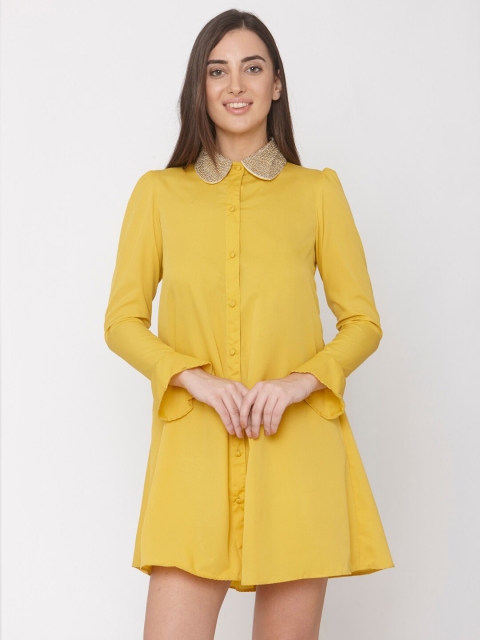 

aaliya Women Mustard Yellow Crepe Shirt Mini Dress