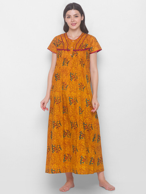 

AV2 Women Mustard Floral Printed Maternity Maxi Nightdress