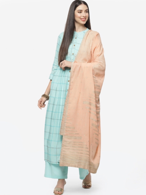 

Biba Women Turquoise Blue Floral Embroidered & Checked Unstitched Dress Material