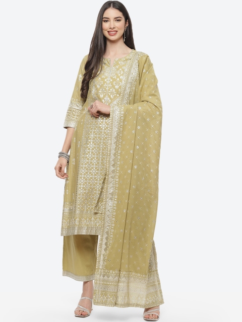 

Biba Women Green Ethnic Motifs Printed Pure Cotton Kurta with Palazzos & Dupatta