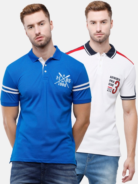 

ARDEUR Men Pack of 2 Blue & Off White Solid Cotton Polo Collar T-shirt