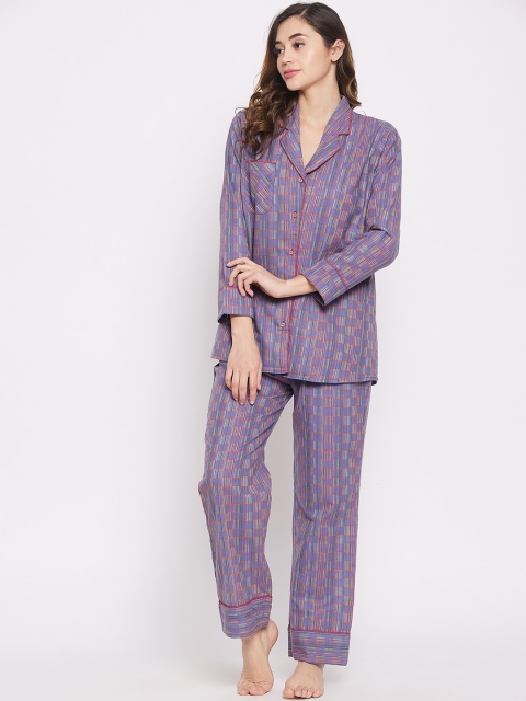 

The Kaftan Company Women Purple Checked Pure Cotton Night suit