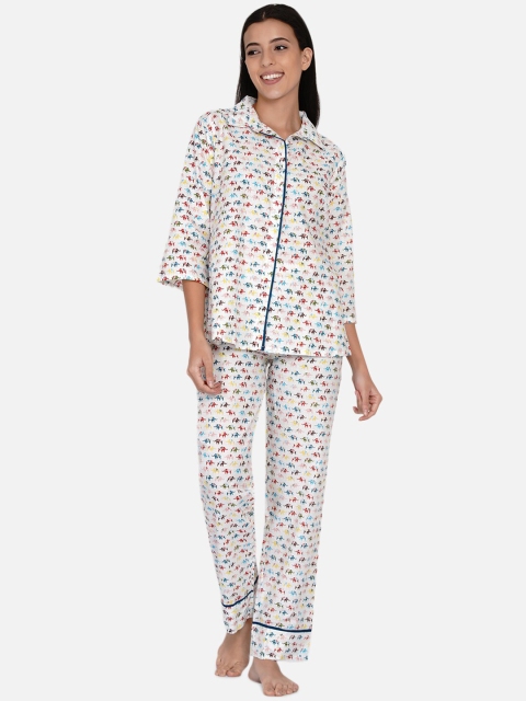 

The Kaftan Company Women White & Blue Printed Pure Cotton Night Suit