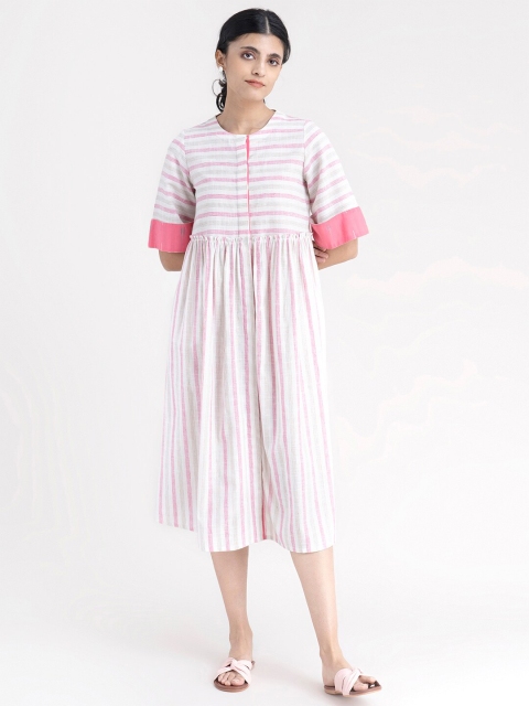 

Marigold by FableStreet Pink & White Cotton Striped Midi A-Line Dress